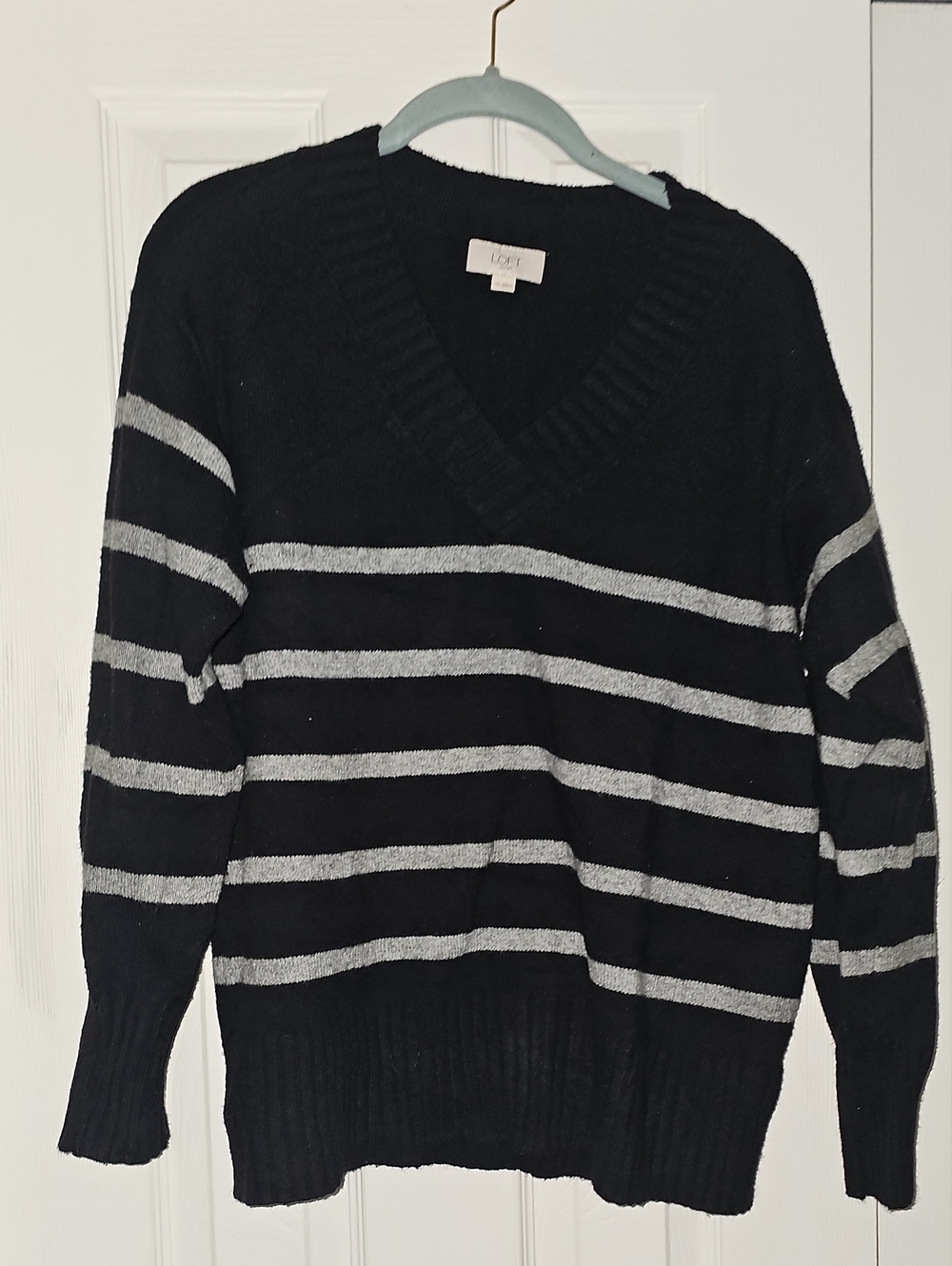 LOFT Black V-Neck Sweater with Gray Stripes